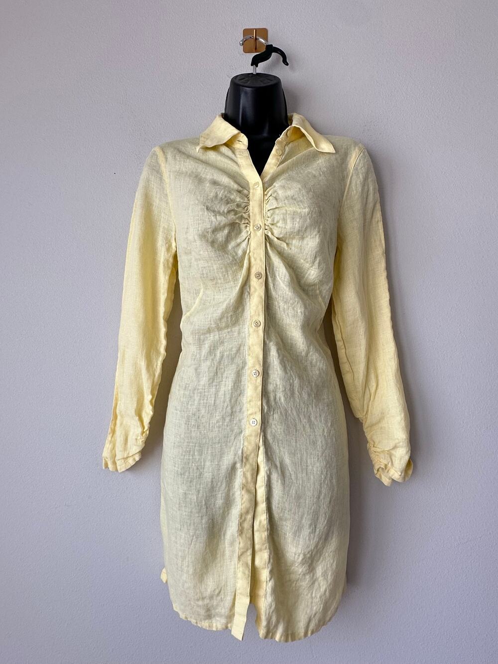 Classiques Entier Yellow 100% Linen Ruched Longline Tunic Button Up Blouse Small